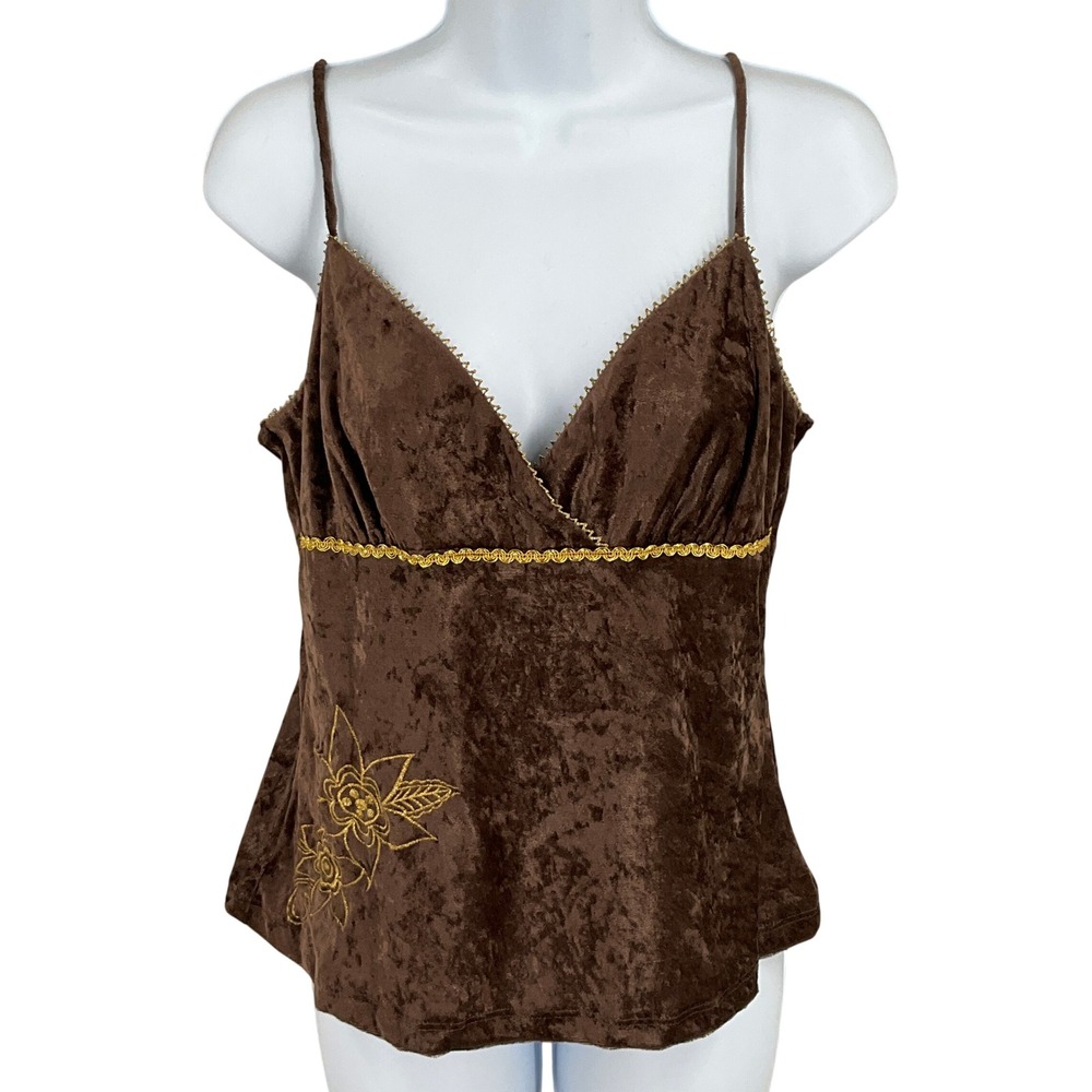 Sele Cami Top Womens XL Babydoll Brown Crushed Velvet Gold Trim Vintage Y2K